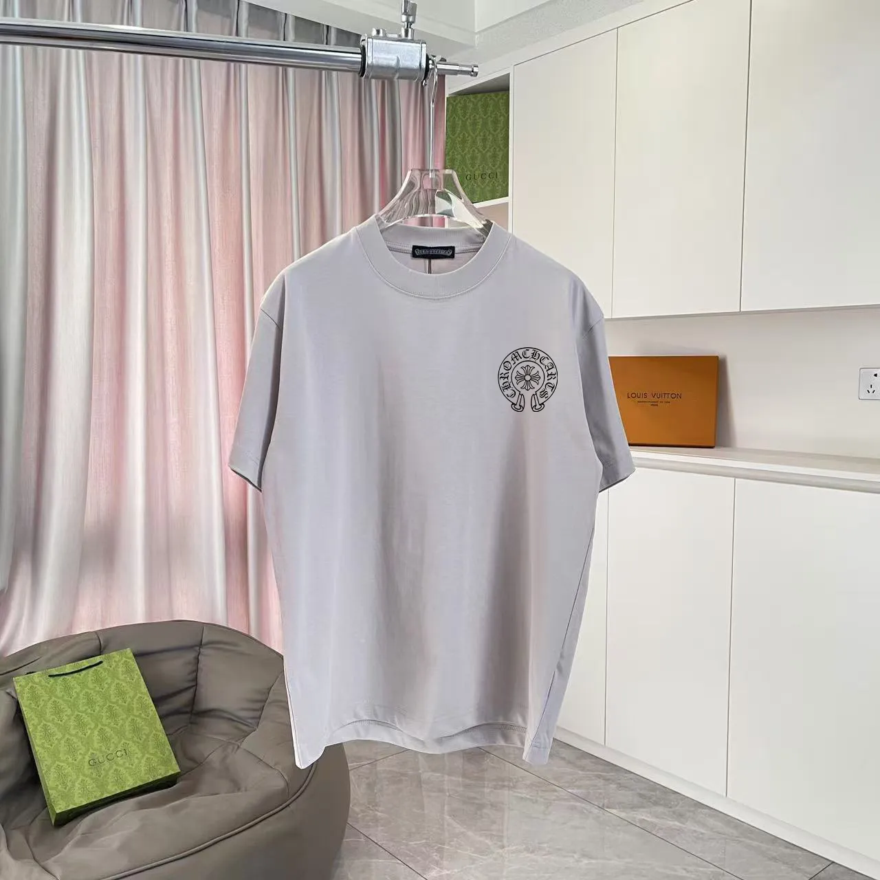 🅿️170 ch Cro* 2025 summer new style Sanskrit cross horseshoe print short-sleeved T-shirt customized fabric 300g same style for men and women Size: S M L XL XXL five sizes Color: black white pink iron gray